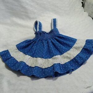 Pretty blue and white polka dot cotton jumper dress, hippy style with straps